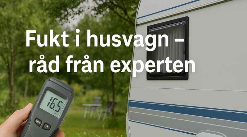 En hand håller en fuktmätare som visar 16,5 % framför en vit husvagn på en grön campingplats. Texten ”Fukt i husvagn – råd från experten” syns över bilden.