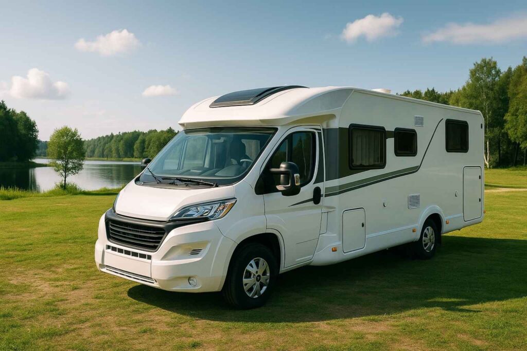 En modern vit husbil parkerad på en grön campingplats vid en sjö, med skog och blå himmel i bakgrunden.