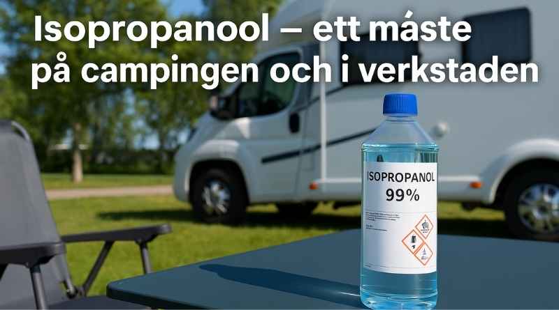 Isopropanol 99 % från Kemexperten.se på campingbord, perfekt för rengöring och verkstad.