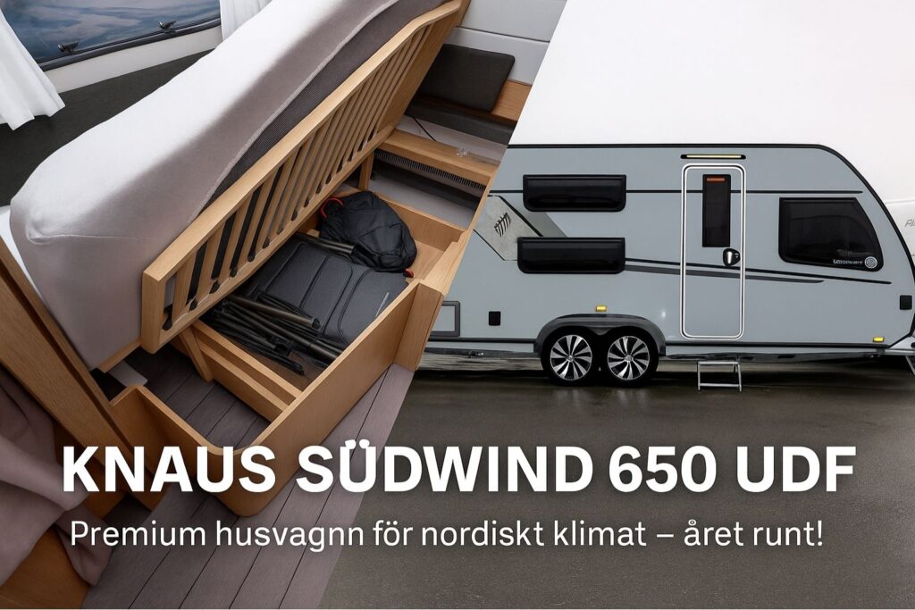 Knaus Südwind 650 UDF Scandinavian Selection med smart förvaring under sängen och stilren exteriör i grått – premium husvagn för året runt-bruk.