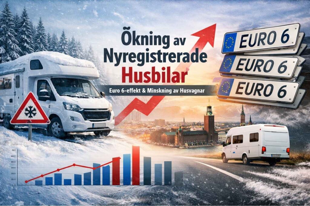 husbil i vintermiljö, stigande graf och Euro 6-skyltar som symboliserar ökningen av nyregistrerade husbilar i februari 2026.