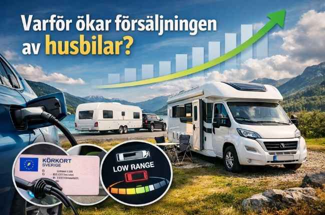 Vit husbil vid sjö med uppåtgående graf, elbilsladdning och symboler för körkort samt batteriräckvidd.