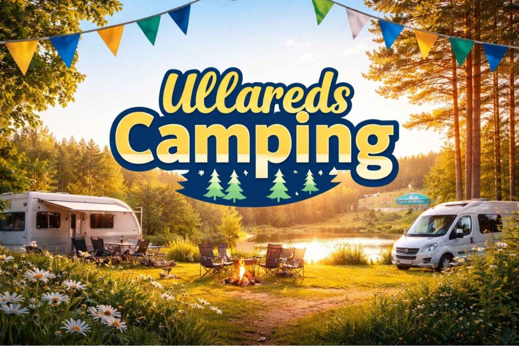 Panoramabild av camping i Ullared med husvagn, husbil, sjöutsikt och kvällssol i naturskön miljö nära shopping och semesterområde