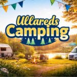 Panoramabild av camping i Ullared med husvagn, husbil, sjöutsikt och kvällssol i naturskön miljö nära shopping och semesterområde