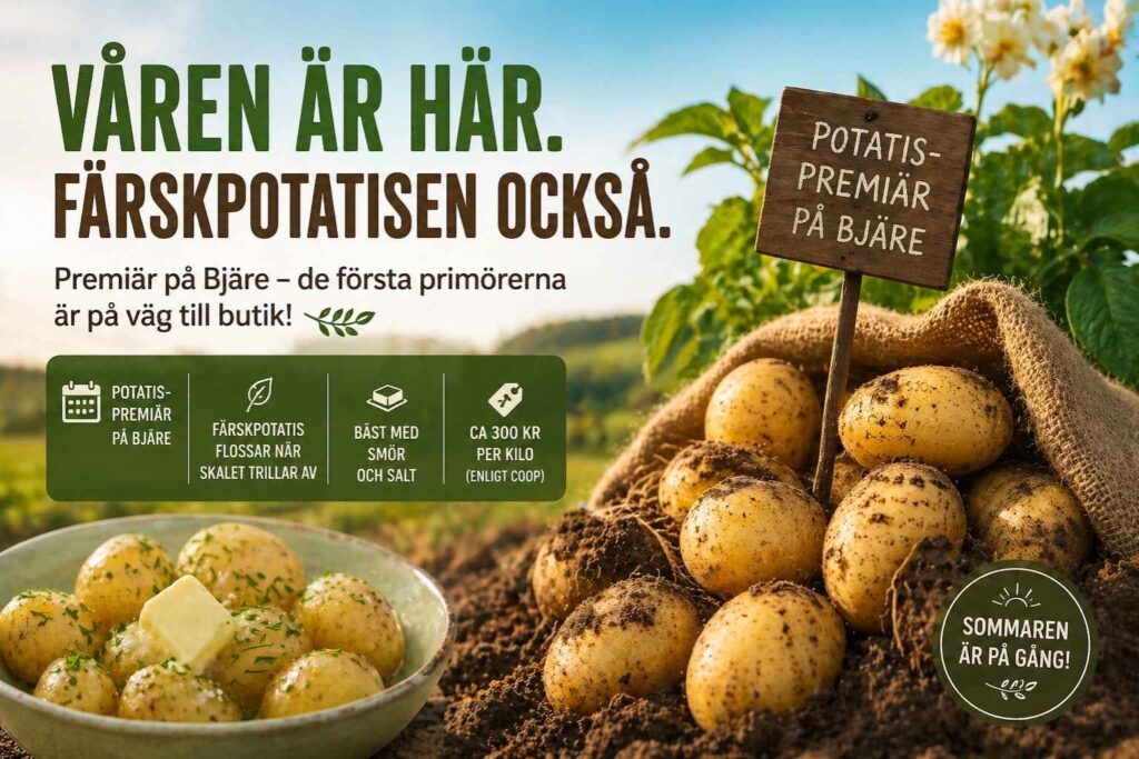 Bannerbild med färskpotatis i jord och kokt färskpotatis med smör – vårpremiär för årets första potatis på Bjärehalvön.