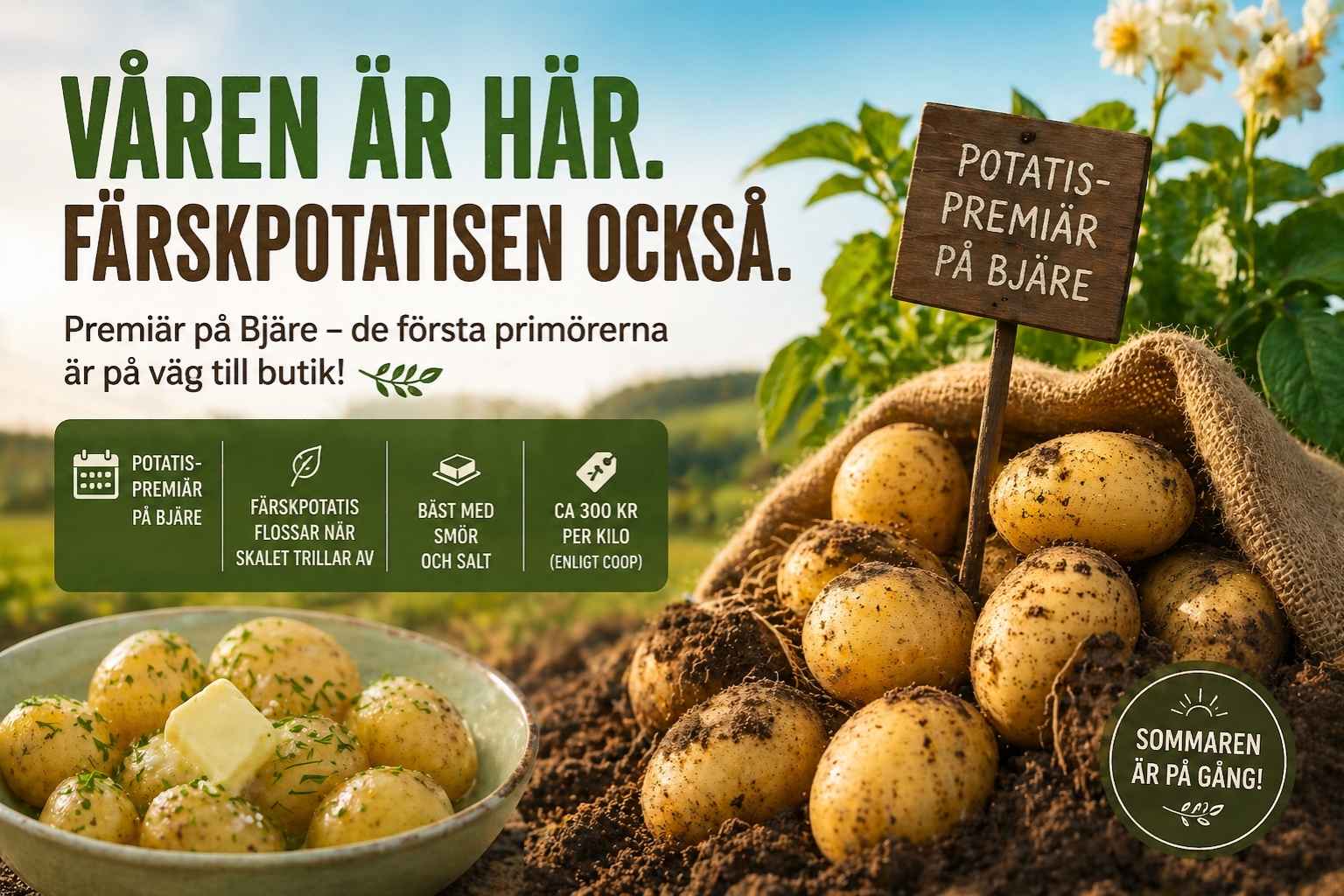 Bannerbild med färskpotatis i jord och kokt färskpotatis med smör – vårpremiär för årets första potatis på Bjärehalvön.