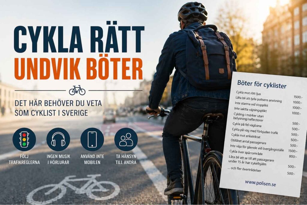 Cyklist i stadsmiljö med information om böter för cyklister och trafikregler i Sverige.