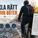Cyklist i stadsmiljö med information om böter för cyklister och trafikregler i Sverige.