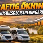 Kraftig ökning av husbilsregistreringar i Sverige 2026 med husbilar i naturmiljö och uppåtgående trendgraf