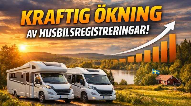 Kraftig ökning av husbilsregistreringar i Sverige 2026 med husbilar i naturmiljö och uppåtgående trendgraf