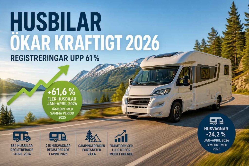 Husbil som kör längs en naturskön väg vid sjö och berg med text om ökade registreringar av husbilar i Sverige 2026